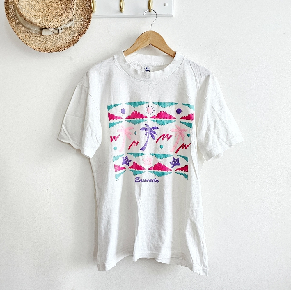 80s 90s Royal Caribbean Ensenada T-Shirt XL White Puff Paint Graphic Palm Trees